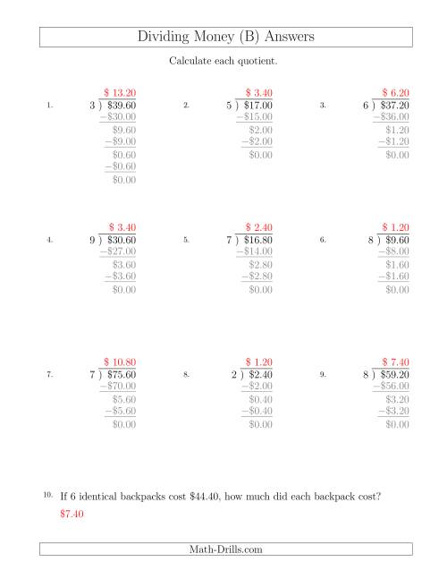 The Dividing Dollar Amounts in Increments of 20 Cents by One-Digit Divisors (B) Math Worksheet Page 2