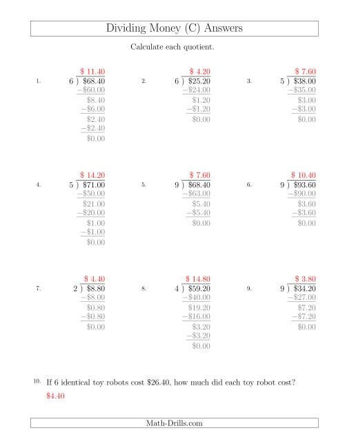 The Dividing Dollar Amounts in Increments of 20 Cents by One-Digit Divisors (C) Math Worksheet Page 2