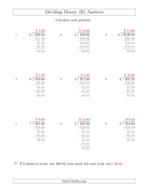 The Dividing Dollar Amounts in Increments of 20 Cents by One-Digit Divisors (H) Math Worksheet Page 2