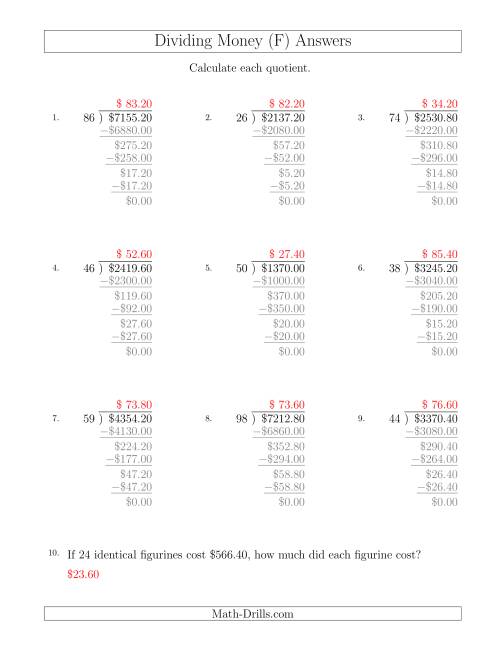 The Dividing Dollar Amounts in Increments of 20 Cents by Two-Digit Divisors (F) Math Worksheet Page 2