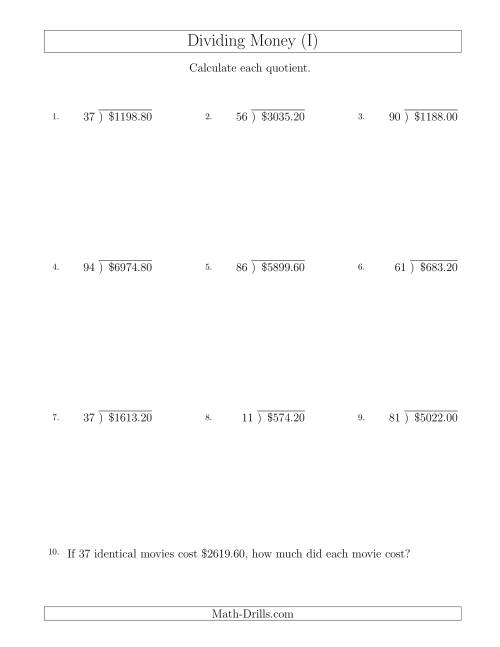 The Dividing Dollar Amounts in Increments of 20 Cents by Two-Digit Divisors (I) Math Worksheet