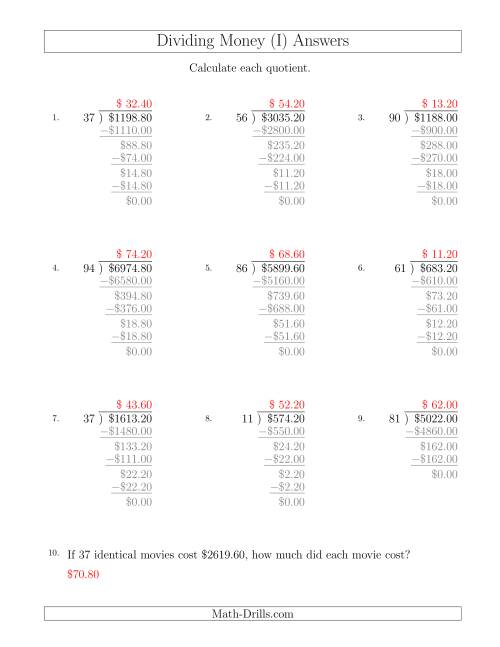 The Dividing Dollar Amounts in Increments of 20 Cents by Two-Digit Divisors (I) Math Worksheet Page 2