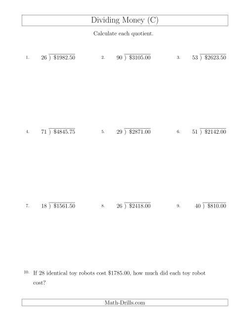 The Dividing Dollar Amounts in Increments of 25 Cents by Two-Digit Divisors (C) Math Worksheet