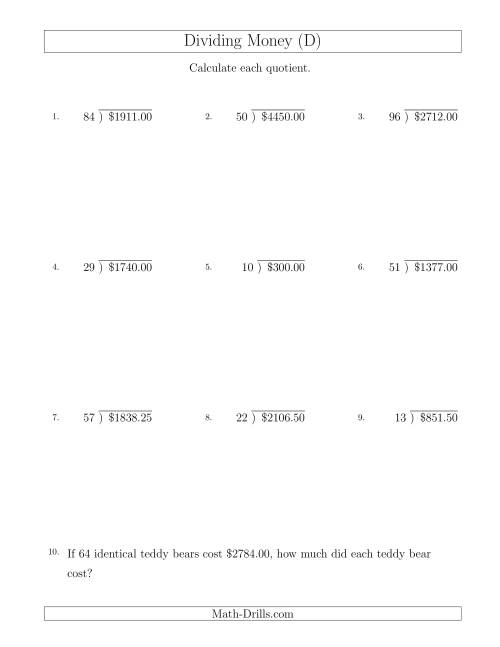 The Dividing Dollar Amounts in Increments of 25 Cents by Two-Digit Divisors (D) Math Worksheet