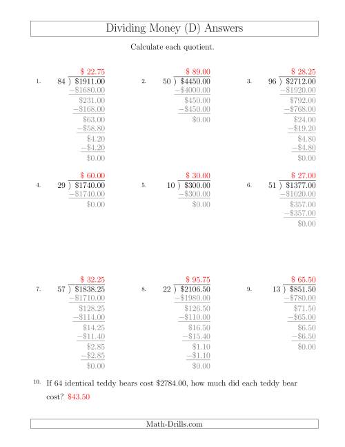 The Dividing Dollar Amounts in Increments of 25 Cents by Two-Digit Divisors (D) Math Worksheet Page 2