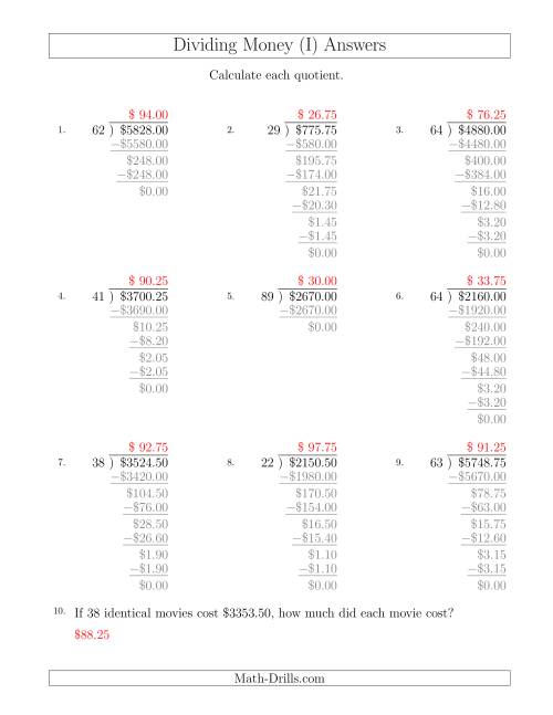 The Dividing Dollar Amounts in Increments of 25 Cents by Two-Digit Divisors (I) Math Worksheet Page 2