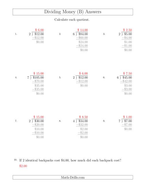 The Dividing Dollar Amounts in Increments of 50 Cents by One-Digit Divisors (B) Math Worksheet Page 2