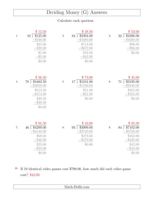 The Dividing Dollar Amounts in Increments of 50 Cents by Two-Digit Divisors (G) Math Worksheet Page 2