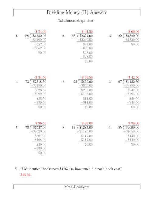 The Dividing Dollar Amounts in Increments of 50 Cents by Two-Digit Divisors (H) Math Worksheet Page 2