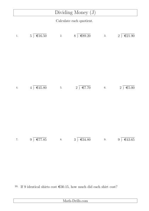 The Dividing Euro Amounts in Increments of 5 Cents by One-Digit Divisors (J) Math Worksheet