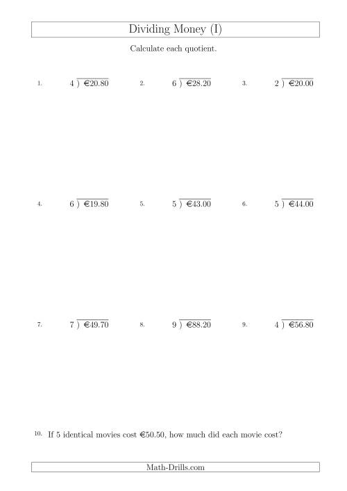 The Dividing Euro Amounts in Increments of 10 Cents by One-Digit Divisors (I) Math Worksheet