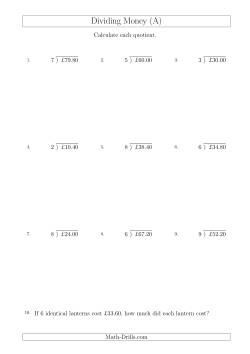 Dividing Pound Sterling Amounts in Increments of 20 Pence by One-Digit Divisors