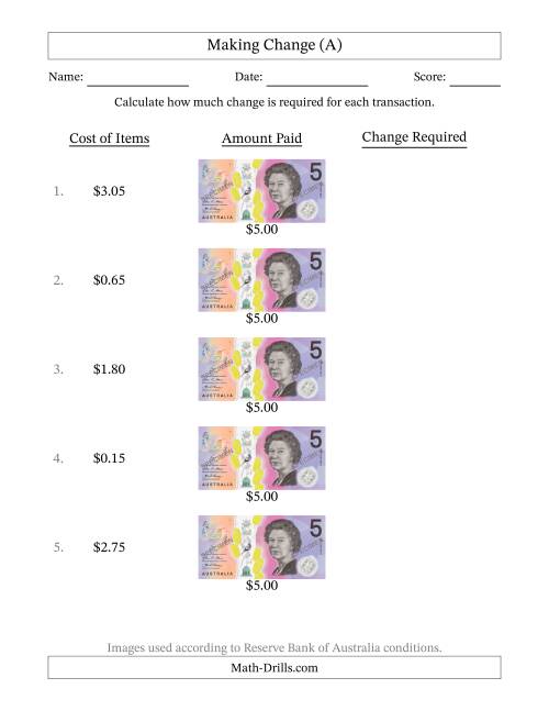 The Making Change from Australian Five Dollar Banknotes (A) Math Worksheet