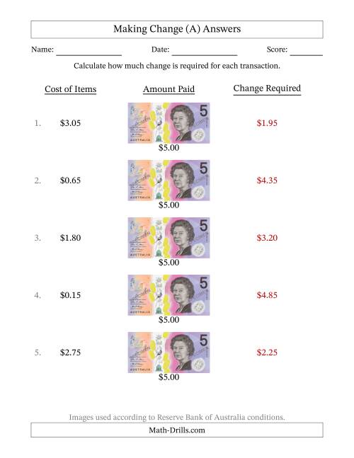 The Making Change from Australian Five Dollar Banknotes (A) Math Worksheet Page 2