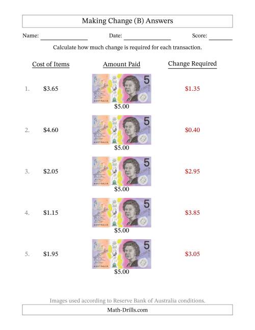 The Making Change from Australian Five Dollar Banknotes (B) Math Worksheet Page 2