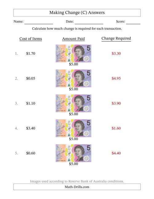 The Making Change from Australian Five Dollar Banknotes (C) Math Worksheet Page 2