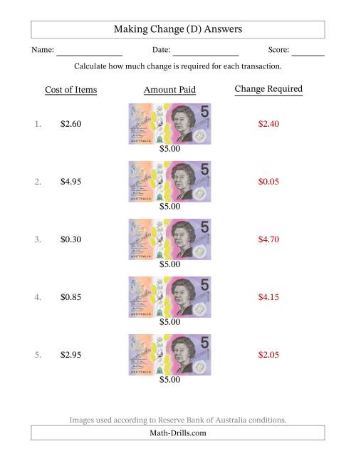 The Making Change from Australian Five Dollar Banknotes (D) Math Worksheet Page 2