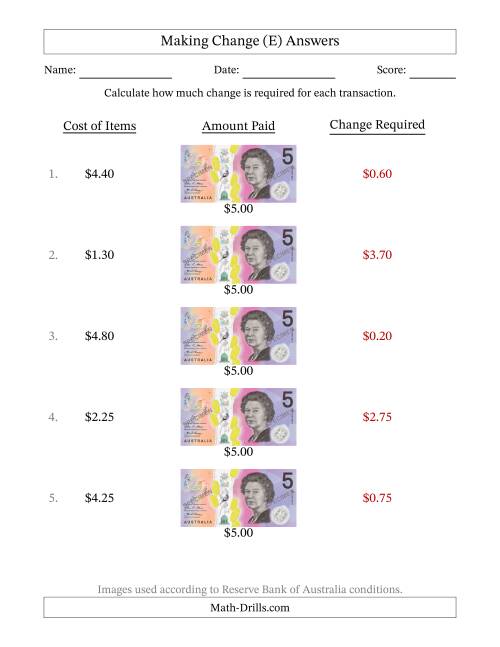 The Making Change from Australian Five Dollar Banknotes (E) Math Worksheet Page 2