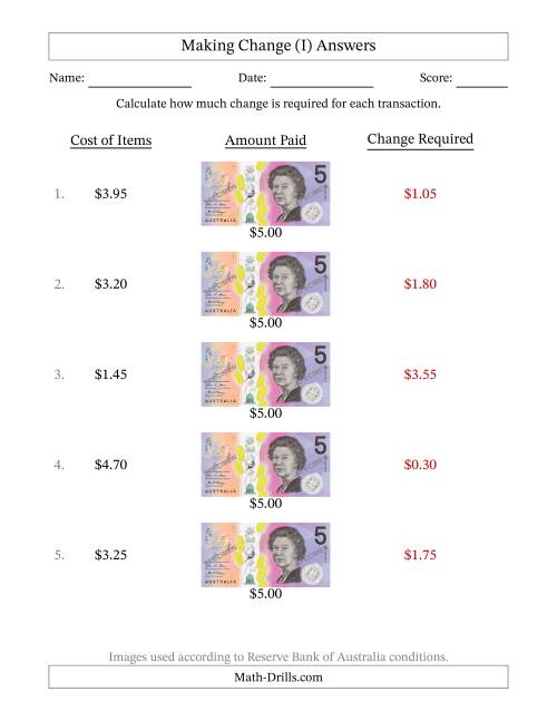 The Making Change from Australian Five Dollar Banknotes (I) Math Worksheet Page 2