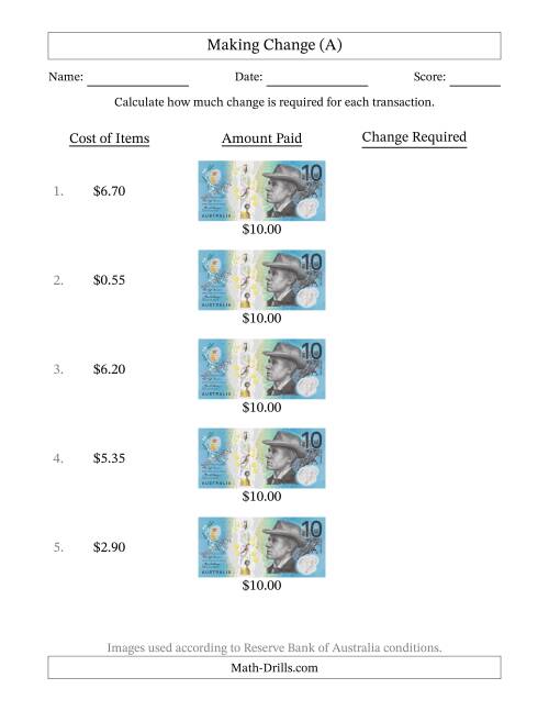 The Making Change from Australian Ten Dollar Banknotes (A) Math Worksheet