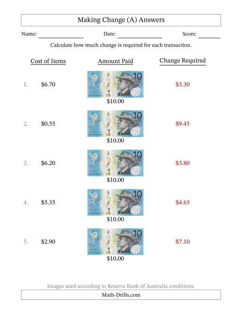 The Making Change from Australian Ten Dollar Banknotes (A) Math Worksheet Page 2