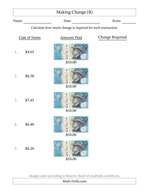 The Making Change from Australian Ten Dollar Banknotes (B) Math Worksheet