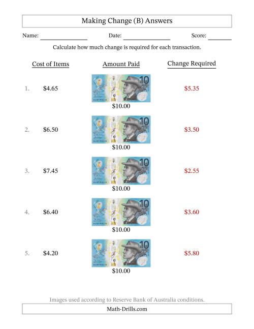 The Making Change from Australian Ten Dollar Banknotes (B) Math Worksheet Page 2