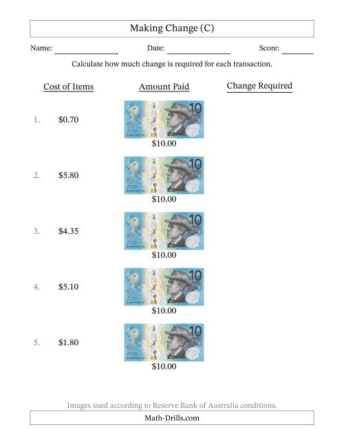 The Making Change from Australian Ten Dollar Banknotes (C) Math Worksheet