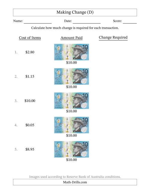 The Making Change from Australian Ten Dollar Banknotes (D) Math Worksheet