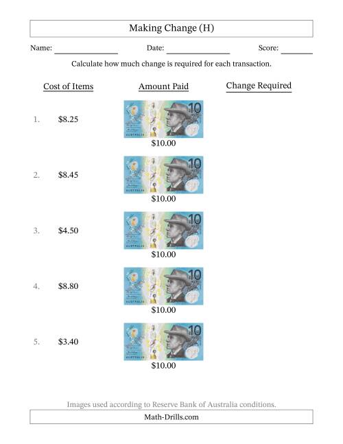 The Making Change from Australian Ten Dollar Banknotes (H) Math Worksheet