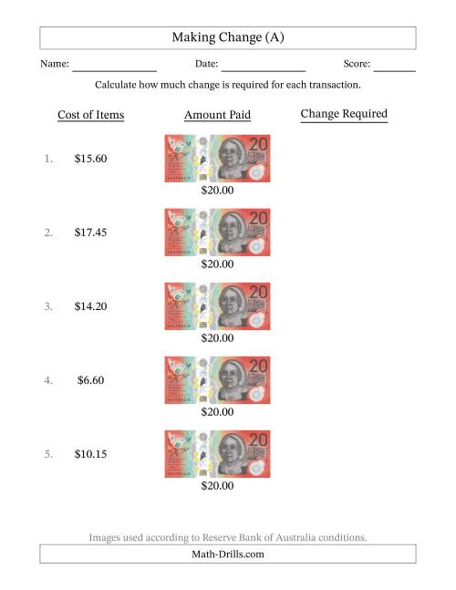 The Making Change from Australian Twenty Dollar Banknotes (A) Math Worksheet