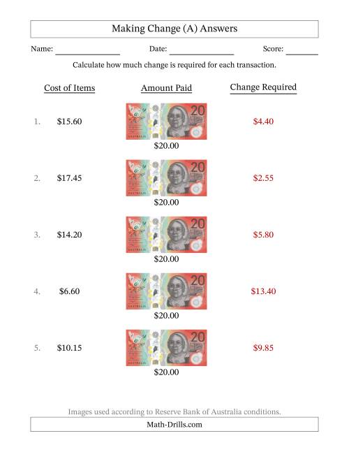 The Making Change from Australian Twenty Dollar Banknotes (A) Math Worksheet Page 2