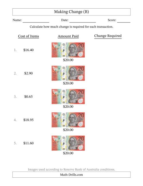 The Making Change from Australian Twenty Dollar Banknotes (B) Math Worksheet