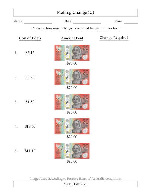 The Making Change from Australian Twenty Dollar Banknotes (C) Math Worksheet