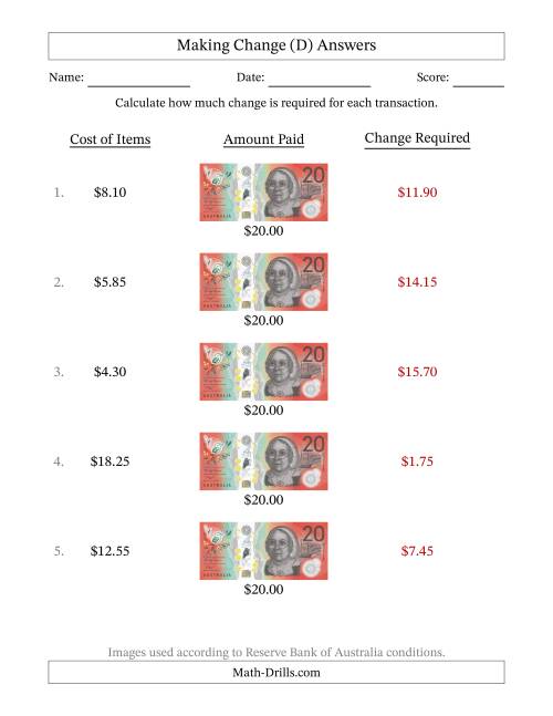 The Making Change from Australian Twenty Dollar Banknotes (D) Math Worksheet Page 2