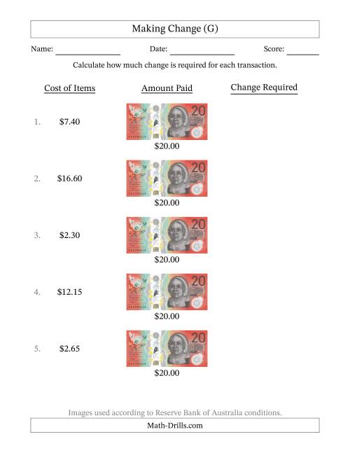 The Making Change from Australian Twenty Dollar Banknotes (G) Math Worksheet