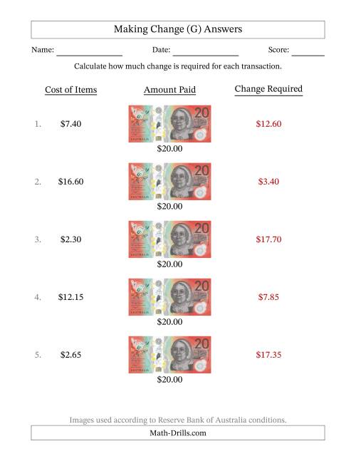 The Making Change from Australian Twenty Dollar Banknotes (G) Math Worksheet Page 2