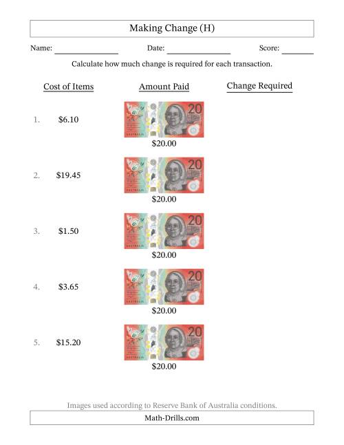 The Making Change from Australian Twenty Dollar Banknotes (H) Math Worksheet