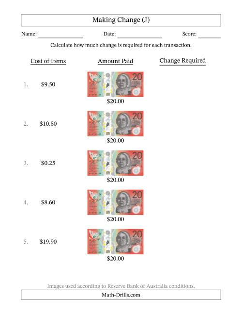 The Making Change from Australian Twenty Dollar Banknotes (J) Math Worksheet