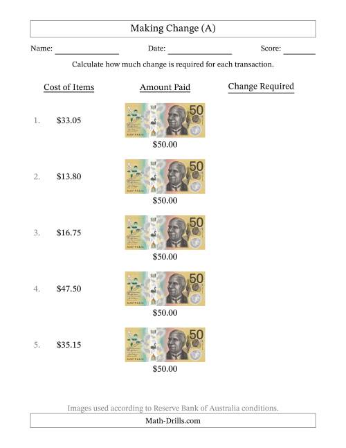 The Making Change from Australian Fifty Dollar Banknotes (A) Math Worksheet