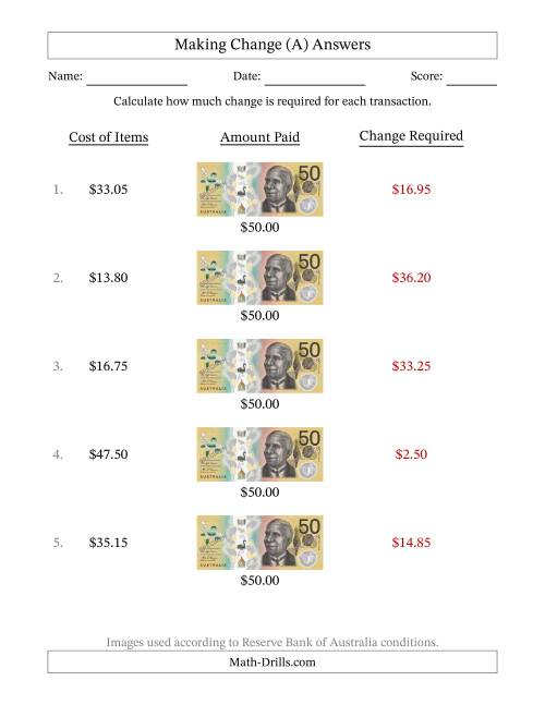 The Making Change from Australian Fifty Dollar Banknotes (A) Math Worksheet Page 2