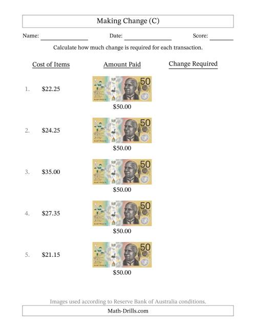 The Making Change from Australian Fifty Dollar Banknotes (C) Math Worksheet