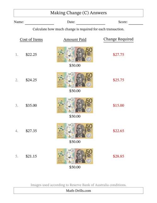 The Making Change from Australian Fifty Dollar Banknotes (C) Math Worksheet Page 2