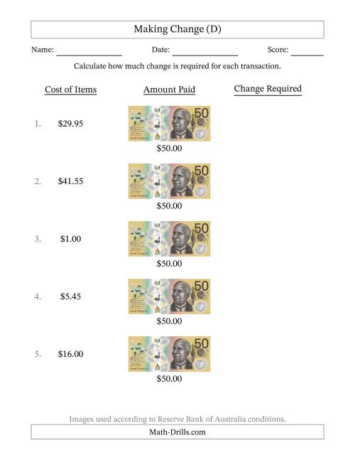 The Making Change from Australian Fifty Dollar Banknotes (D) Math Worksheet