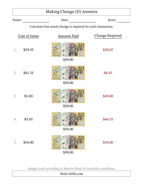 The Making Change from Australian Fifty Dollar Banknotes (D) Math Worksheet Page 2