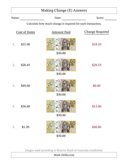 The Making Change from Australian Fifty Dollar Banknotes (E) Math Worksheet Page 2