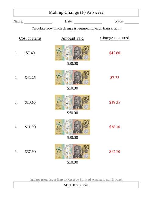 The Making Change from Australian Fifty Dollar Banknotes (F) Math Worksheet Page 2