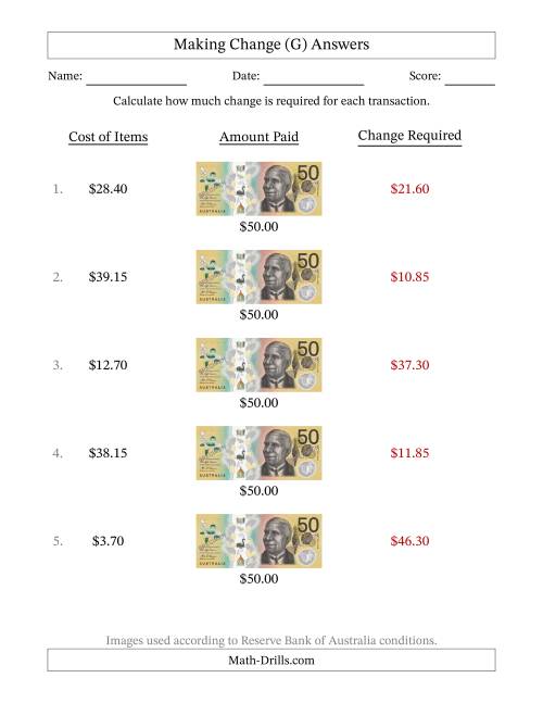 The Making Change from Australian Fifty Dollar Banknotes (G) Math Worksheet Page 2