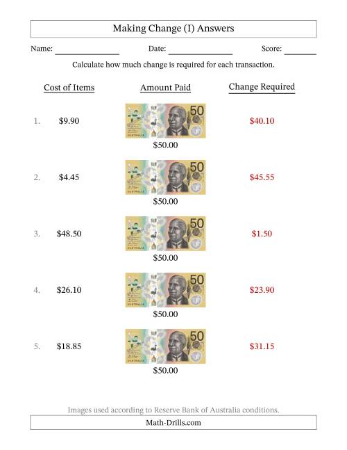 The Making Change from Australian Fifty Dollar Banknotes (I) Math Worksheet Page 2