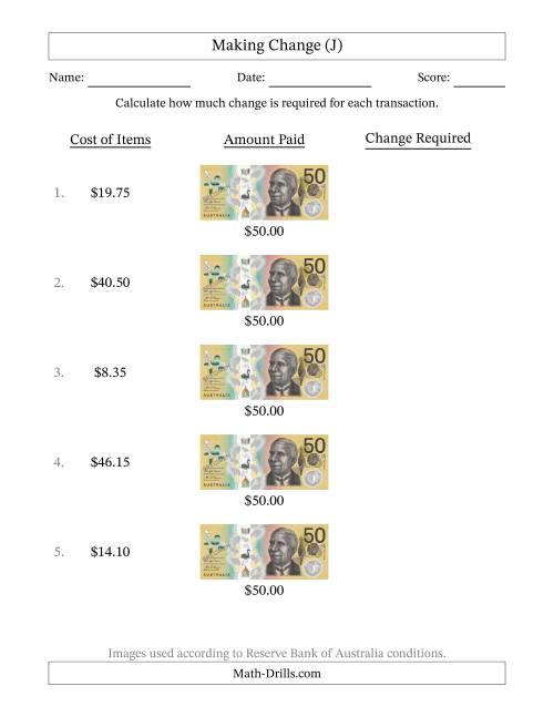 The Making Change from Australian Fifty Dollar Banknotes (J) Math Worksheet